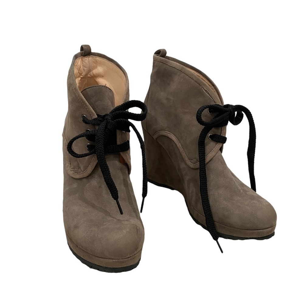 Antica Cuoieria Suede Taupe Neutral Platform Wedge Retro Lace Up Bootie.